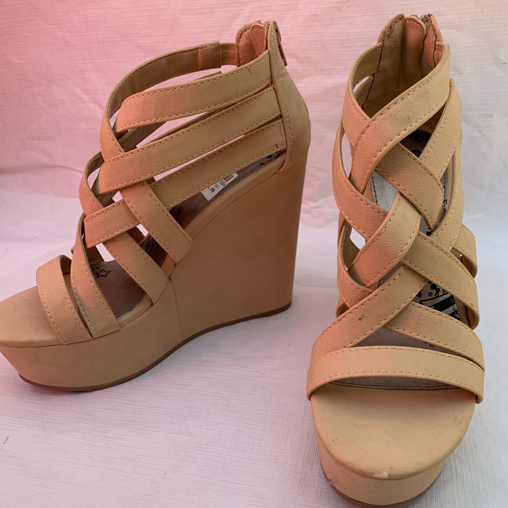 Nude Beige Strappy Platform Wedge Sandals